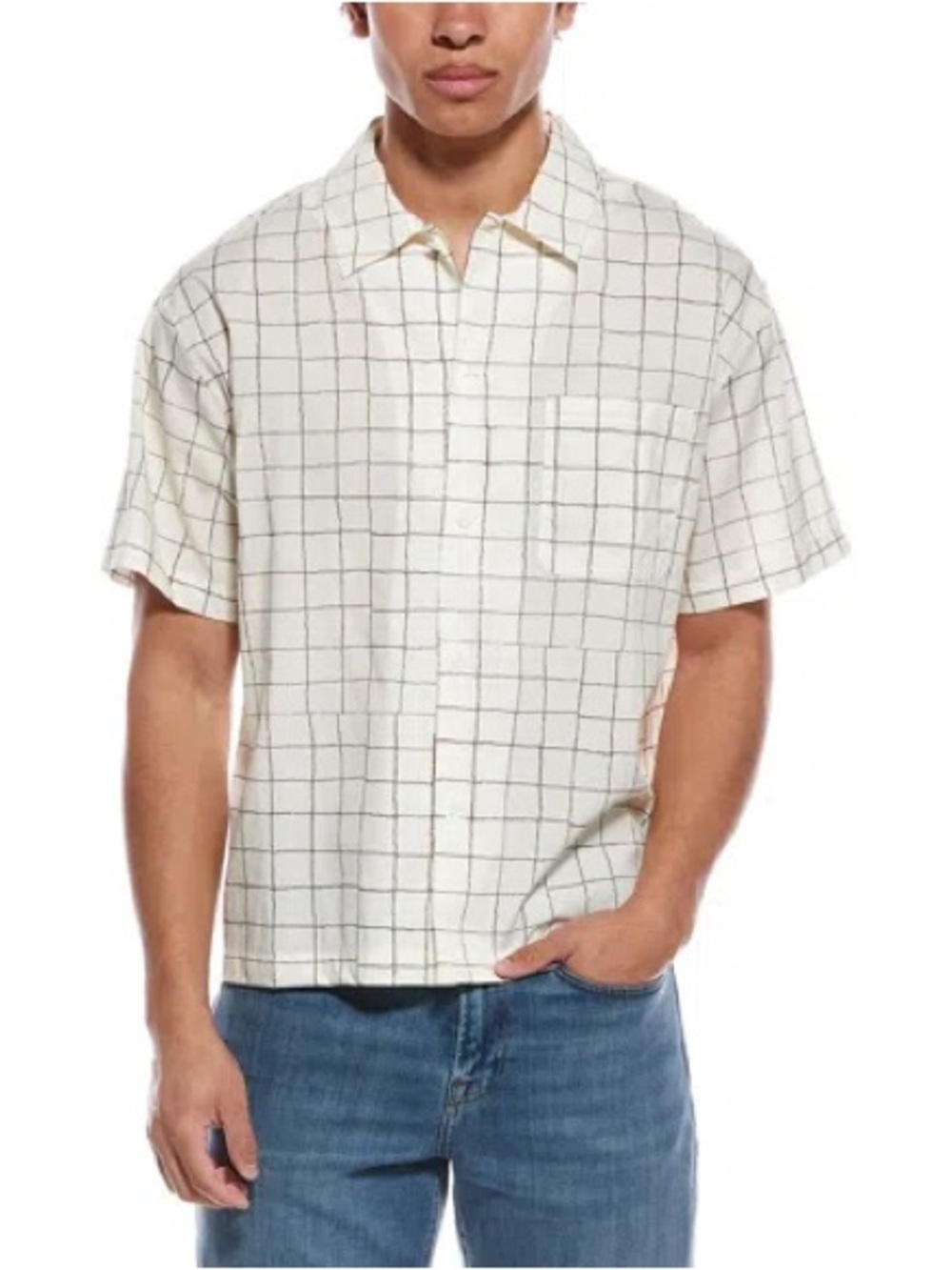 Frame Short-Sleeve Windowpane Button-Down Casual Dress Shirt in Cream & Brown XL